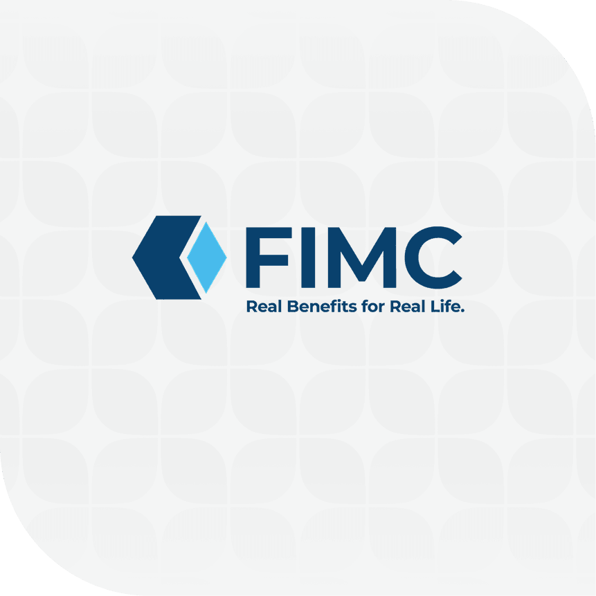 Logo of FIMC with a blue geometric icon next to the name. Below it reads "Real Benefits for Real Life." Set against a light patterned background.