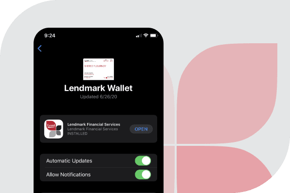 Smartphone screen showing the Lendmark Wallet app interface. Options for automatic updates and notifications are toggled on.